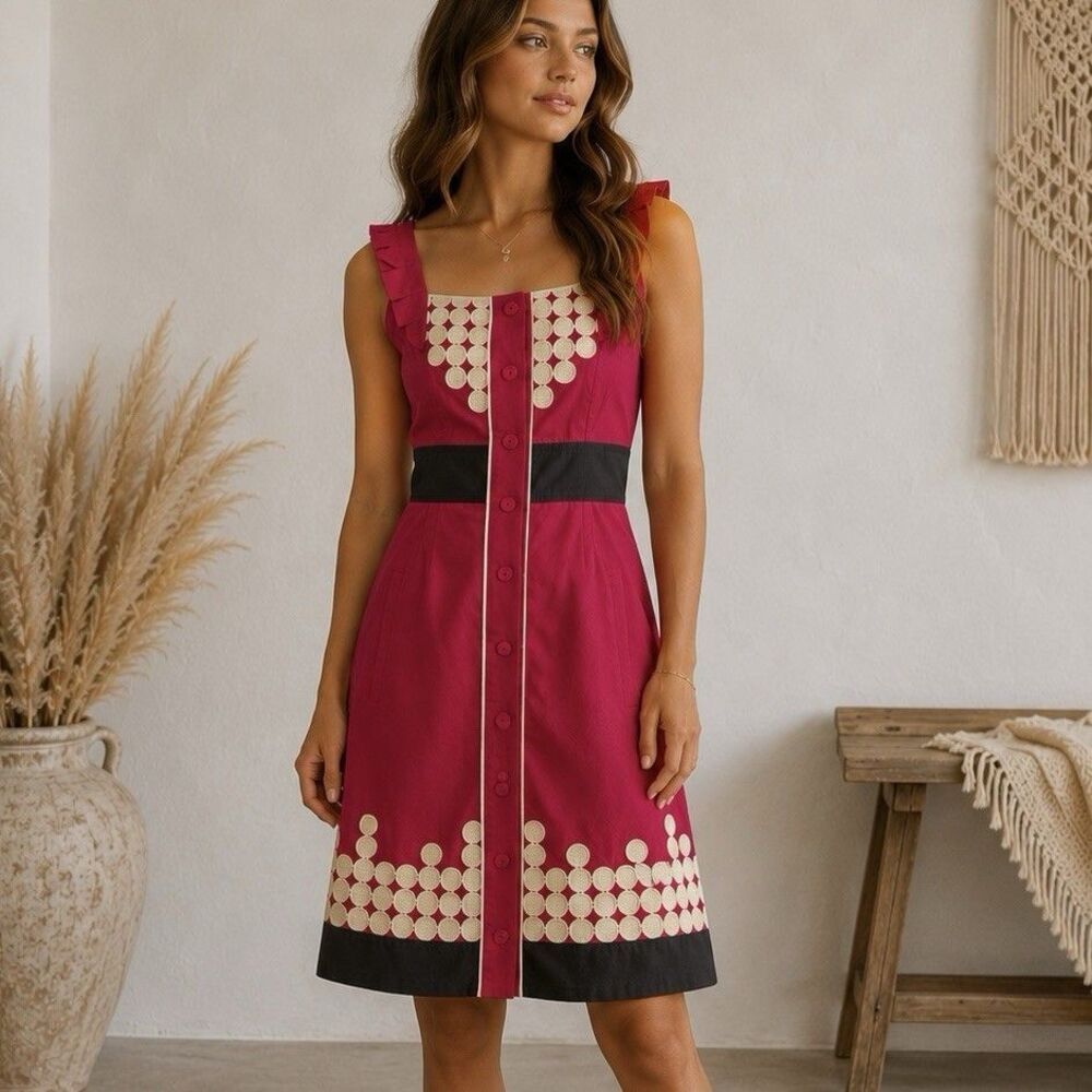Anthropologie Floreat Dress Size 4 NWT Pink Cotton Button Front Embroidered